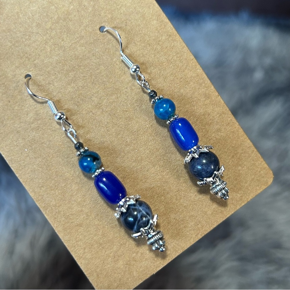 Handcrafted genuine stone sodalite dragon vein cat eye faceted hematite earrings